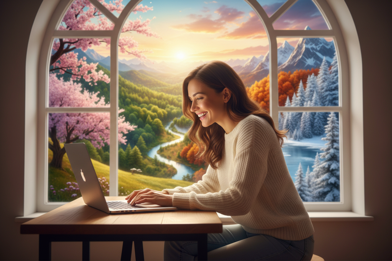 Frau sitzt am Laptopb und sieht glücklich auf den Bildschirm. Im Hintergund im Fenster sieht man alle vier Jahreszeiten in der Landschaft